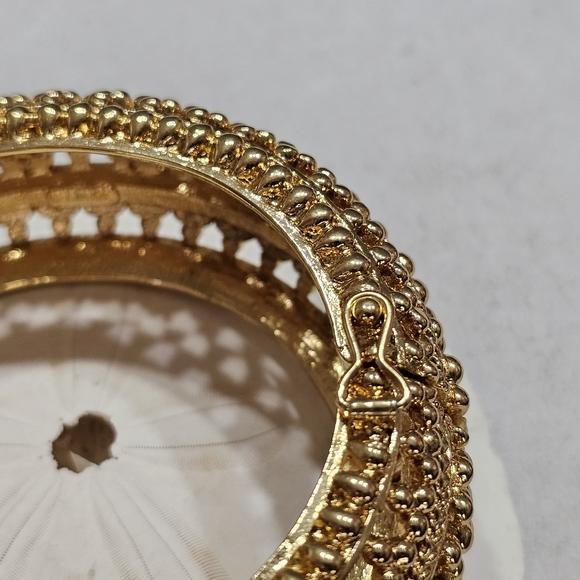 Golden Hinged Domed Cuff Bracelet with Safety Clasp Ornate Heavy - Picture 3 of 16